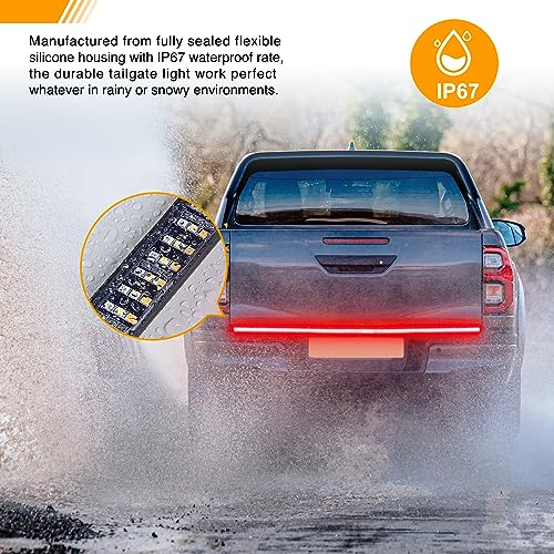 Waywe Truck Tailgate Light Bar 48" Triple Row 360 LED Strip 6 Function with Red Running Brake Amber Turning Signals Strobe White Reverse Lighting