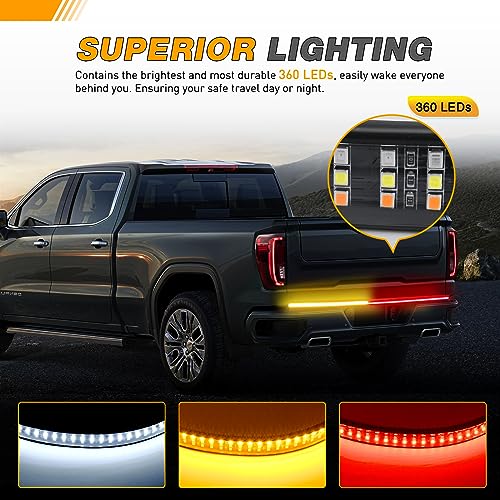 Waywe Truck Tailgate Light Bar 48" Triple Row 360 LED Strip 6 Function with Red Running Brake Amber Turning Signals Strobe White Reverse Lighting