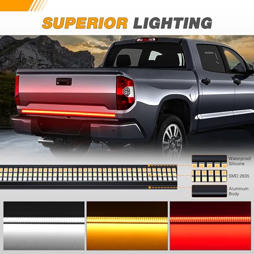 Waywe Truck Tailgate Light Strip 60" Aluminum Frame led bar Triple Row Tail Lighting Sequential Amber Turn Signal Strobe Red Running Brake White Reverse