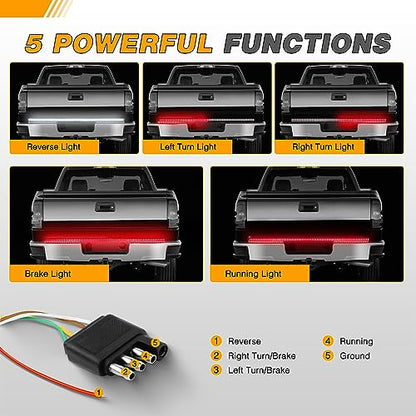 Waywe 60" Truck Tailgate Light Bar 5 Function 264 LED Strip Double Row Universal for Pickup with Red Running Brake Turn Signals White Reverse Lights