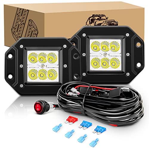 Waywe Led Light Bar 2 PCS 18W Flood Led Pods LED Work Light Flush Mount Backup Fog Lights Driving Lamp with Off Road Wiring Harness kit for Truck Dodge Ram Bumper Boat 4x4