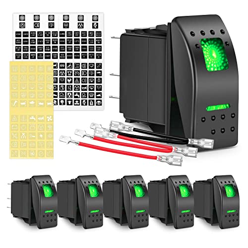 Waywe 6 Pack Rocker Switches with Night Glow Stickers 5 PIN SPST Rocker Switches with Green Backlit 12V 24V Toggle Switches for Cars Trucks RVs Boats Auto Motorcycles