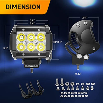 Waywe 4PCS 18W LED Pods Spot Light Bar Fog Light Driving Lighting with 16AWG Off Road Wiring Harness-4 Leads for Truck Golf Cart SUV ATV UTV Boat