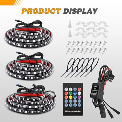 Waywe RGB Truck Bed Light Strip 3PCS 60" 270 LEDs Neon Accent Lighting with RF Remote On/Off Switch Splitter Extension Cable for 12 V Car Cargo Pickup SUV RV Boat