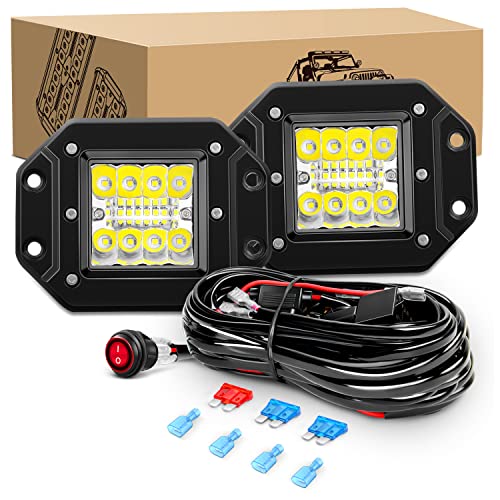 Waywe Flush Mount LED Pods 2PCS 42W Led Light Bar Upgraded Spot Flood Combo LED Work Light Off Road Backup Fog Lights with 16AWG Wiring Harness-2 Leads for Truck Bumper Boat 4x4