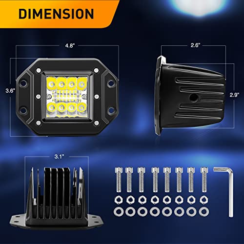 Waywe Flush Mount LED Pods 2PCS 42W Led Light Bar Upgraded Spot Flood Combo LED Work Light Off Road Backup Fog Lights with 16AWG Wiring Harness-2 Leads for Truck Bumper Boat 4x4