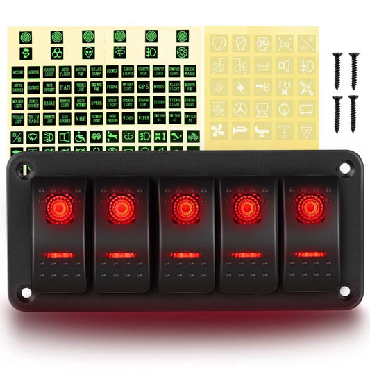 Waywe 5 Gang Rocker Switch Panel 5Pin On Off Toggle Switch Aluminum Holder 12V 24V Dash Pre-Wired Red Backlit Switches for Automotive Cars Marine Boats RVs Truck