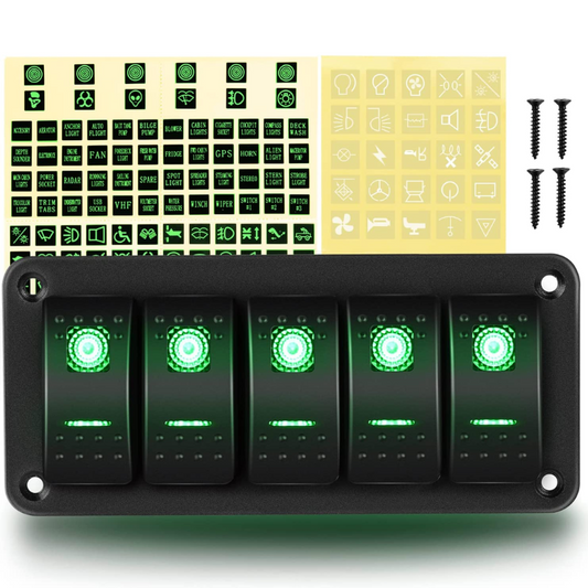 Waywe 5 Gang Rocker Switch Panel 5Pin On Off Toggle Switch Aluminum Holder 12V 24V Dash Pre-Wired Green Backlit Switches for Automotive Cars Marine Boats RVs Truck