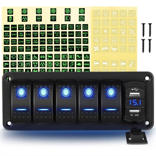 Waywe 5 Gang Rocker Switch Panel Blue Backlit with 4.8 Amp Dual USB Charger Voltmeter
