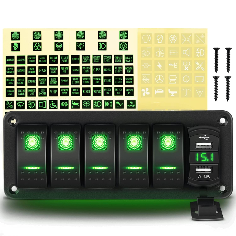 Waywe 5 Gang Rocker Switch Panel Green Backlit with 4.8 Amp Dual USB Charger Voltmeter Waterproof 12V 24V DC Rocker Switch  for Car Trucks Boats RVs