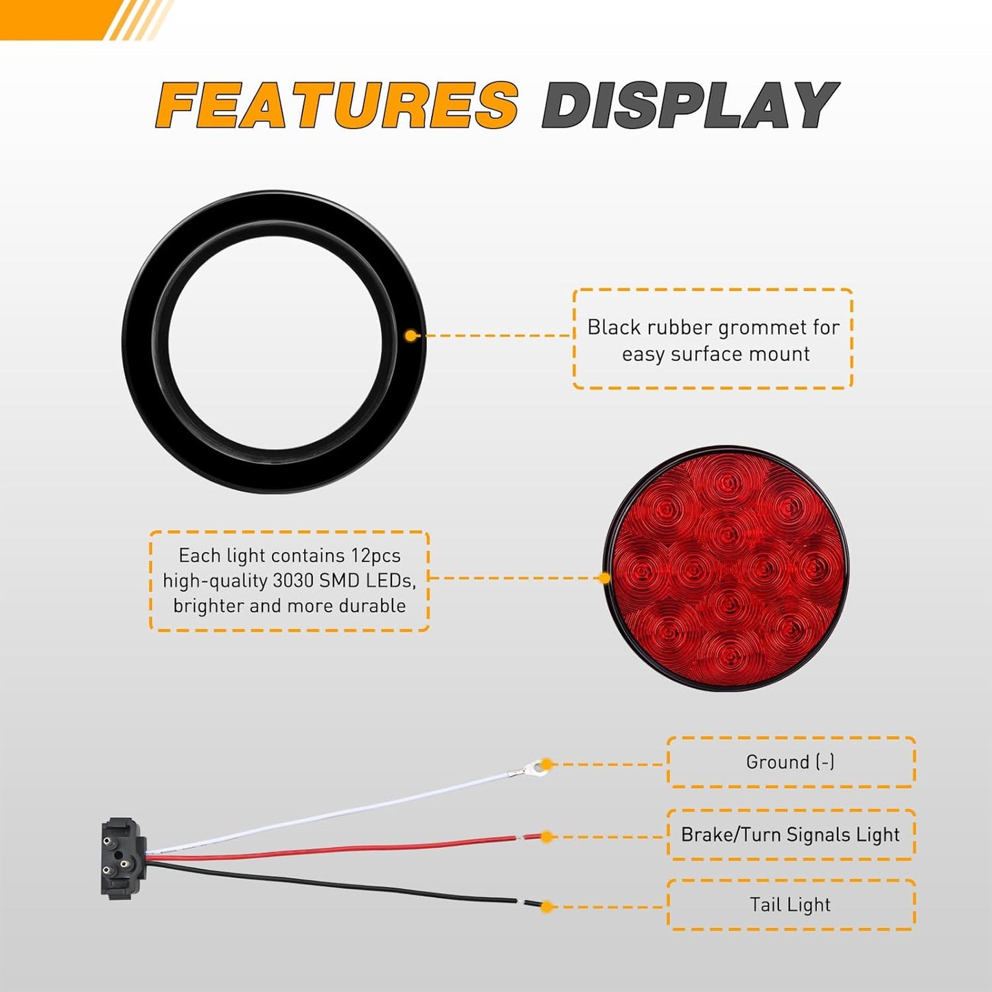 Waywe 4Inch Round Tail Light 2PCS Red 24LED w/Stainless Steel Chrome Bezel Waterproof Stop Brake Turn Signals Lights for Truck Trailer RV Lorry Boat Tractor