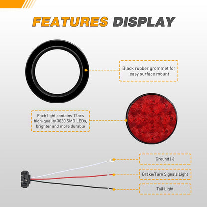 Waywe 4Inch Round Tail Light 2PCS Red 24LED w/Stainless Steel Chrome Bezel Waterproof Stop Brake Turn Signals Lights for Truck Trailer RV Lorry Boat Tractor