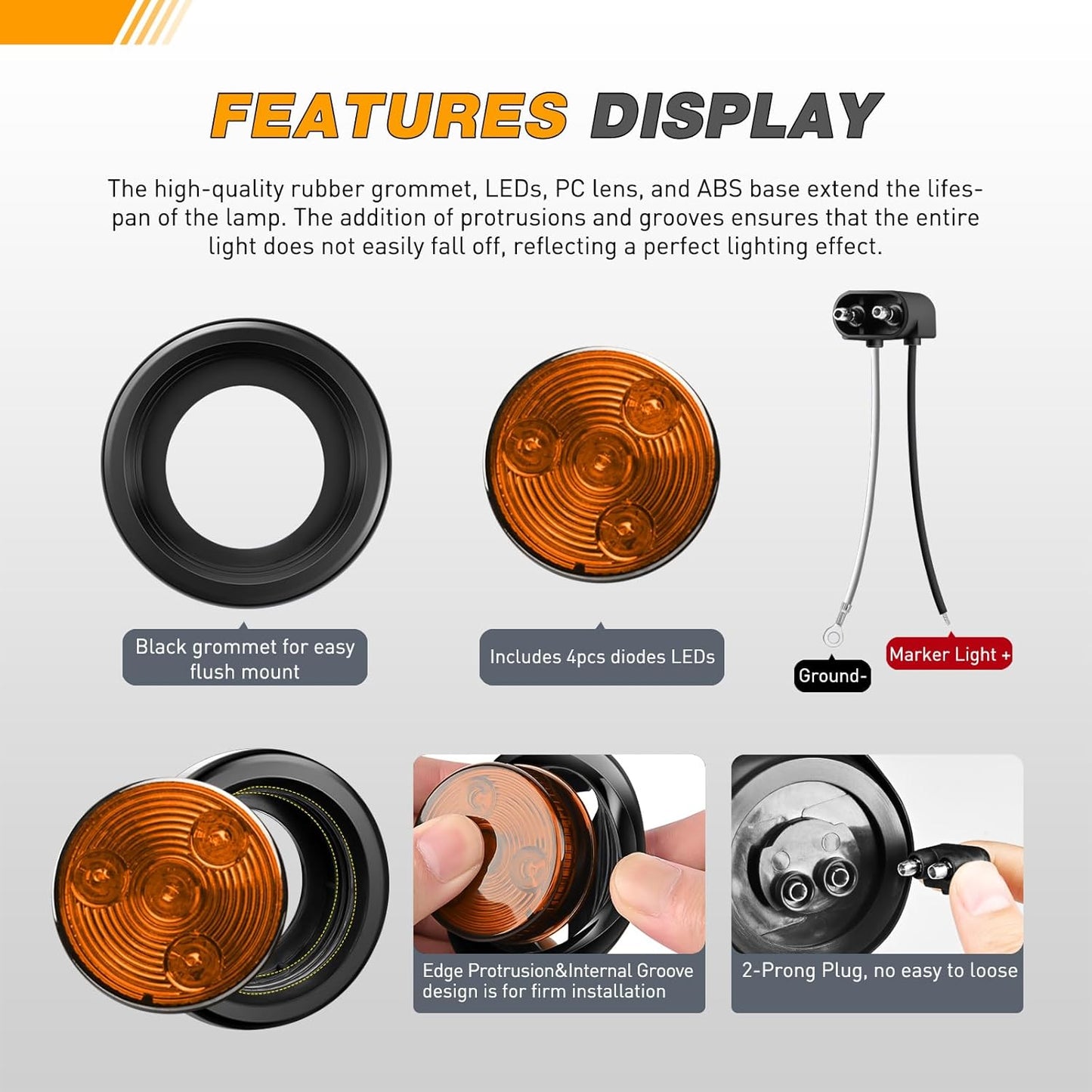 Waywe 2Inch Round Side Marker Light 5PCS Amber 4LED Front Rear Clearance Indicator Lights Flush Mount with Plug Grommet Pigtail Hardwired for Truck Camper RV Boat Trailer