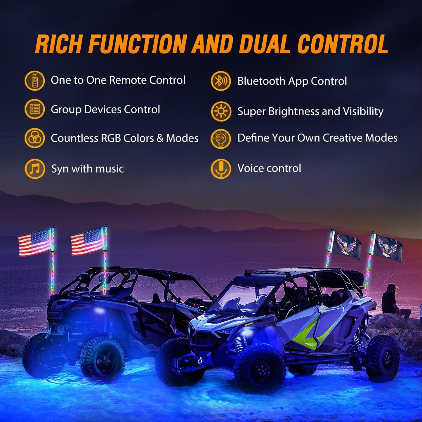 Waywe 2 PCS 4FT LED Whip Light with 4PCS Rock Lights Kit Spiral RGB Chasing App Remote Control Stop Turn Reverse Lights Whips for UTV ATV Truck Buggy Dune RZR