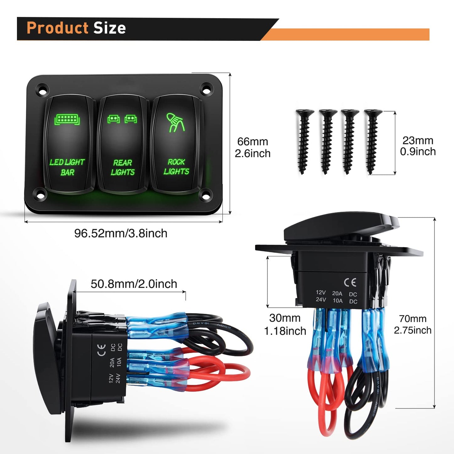 Waywe 3 Gang Rocker Switch Panel Aluminum 5 Pin ON Off Toggle Switch Panel LED Light Bar Switch SPST 12V 24V Green Switches for Marine Boats Cars ATVs UTVs