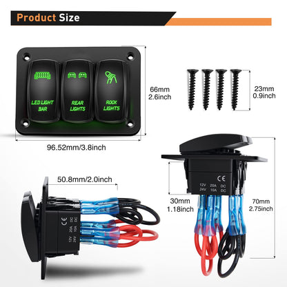 Waywe 3 Gang Rocker Switch Panel Aluminum 5 Pin ON Off Toggle Switch Panel LED Light Bar Switch SPST 12V 24V Green Switches for Marine Boats Cars ATVs UTVs
