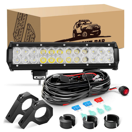 Waywe 12 Inch 72W Led Light Bar Spot Flood Combo Driving Lighting Off Road Lights Mounting Bracket Horizontal Bar Tube Clamp with 16AWG Wiring Harness for Truck SUV ATV UTV Boat
