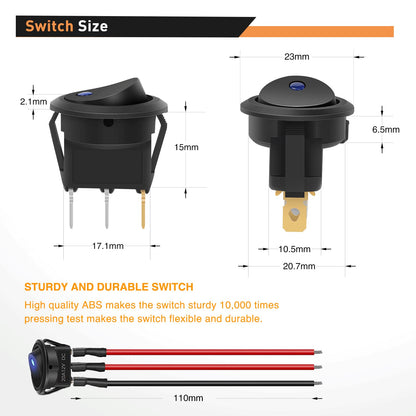 Waywe 8PCS 12V 20A Round Blue Toggle LED Rocker Switch On-Off Control SPST 3Pins Switches with 24PCS Wires for Car Truck Boat Marine Off-Road Vehicle