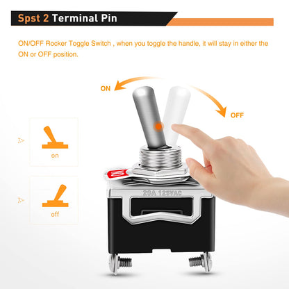 Waywe Heavy Duty Rocker Toggle 15A 250V 20A 125V SPST 2Pin ON Off Switch Metal Bat Waterproof Boot Cap Cover-5 Pack
