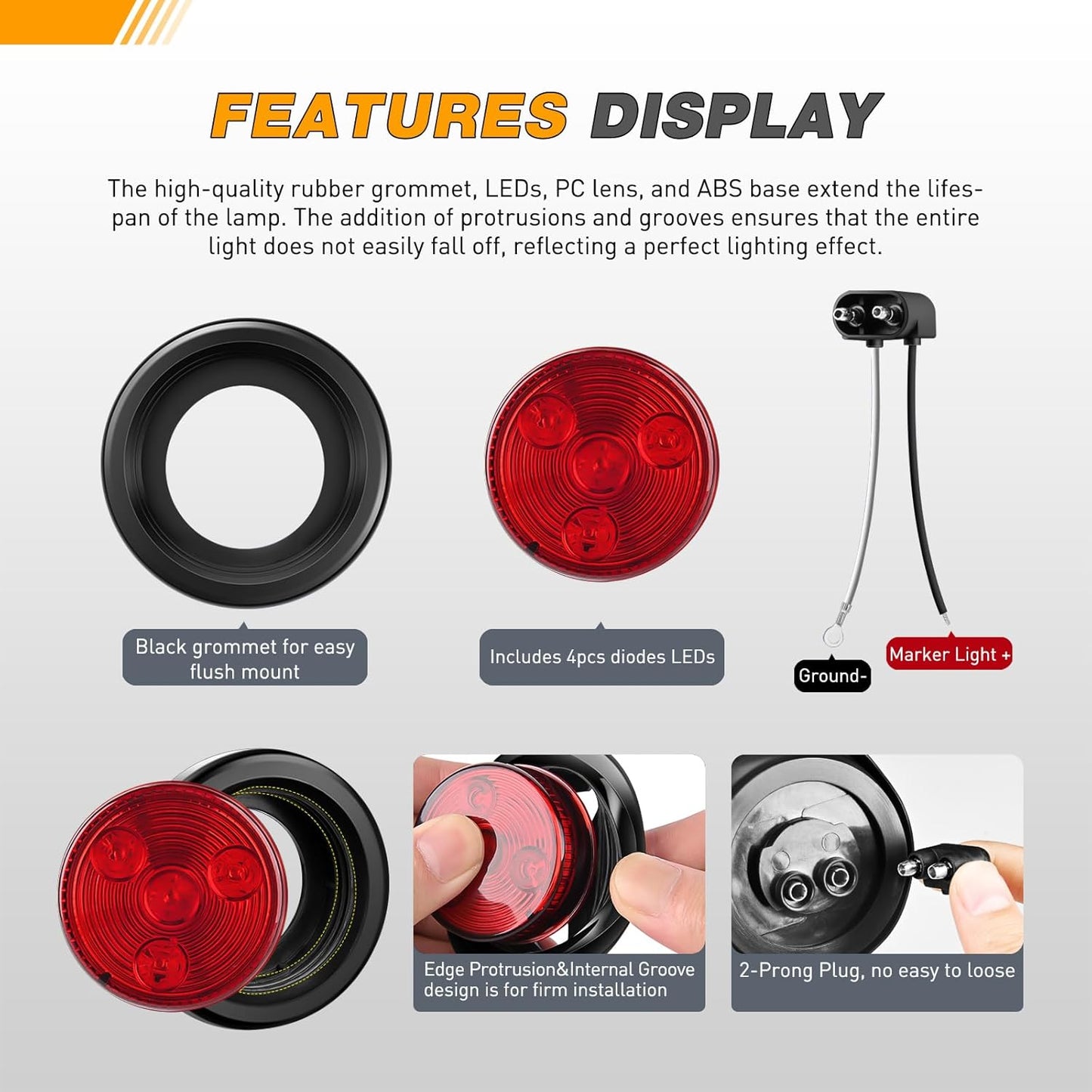 Waywe 2Inch Round Side Marker Light 5PCS Red 4LED Front Rear Clearance Indicator Lights Flush Mount with Plug Grommet Pigtail Hardwired for Truck Camper RV Boat Trailer