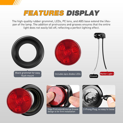 Waywe 2Inch Round Side Marker Light 5PCS Red 4LED Front Rear Clearance Indicator Lights Flush Mount with Plug Grommet Pigtail Hardwired for Truck Camper RV Boat Trailer