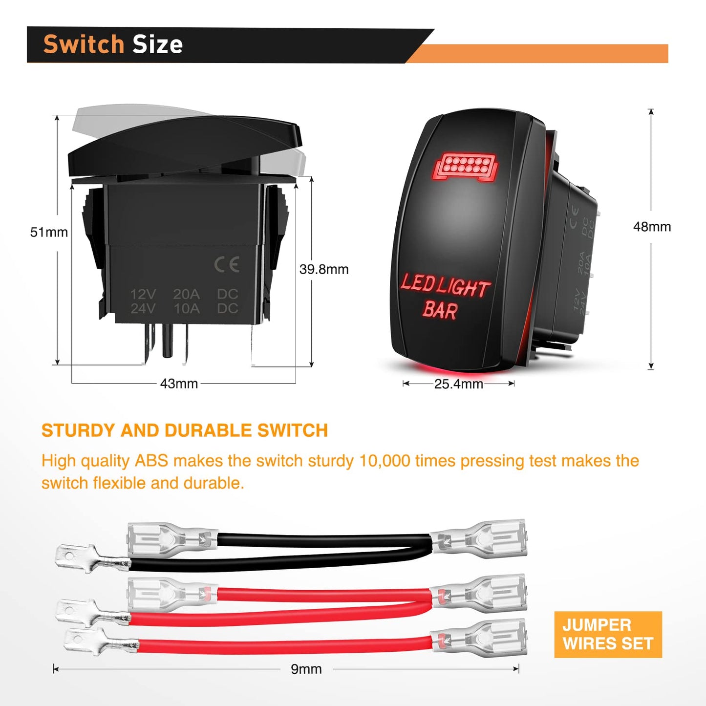 Waywe LED Light Bar Rocker Switch 5Pin Laser On Off Lights 20A 12V 10A 24V Switches Red Jumper Wires Set for Jeep Boat Trucks