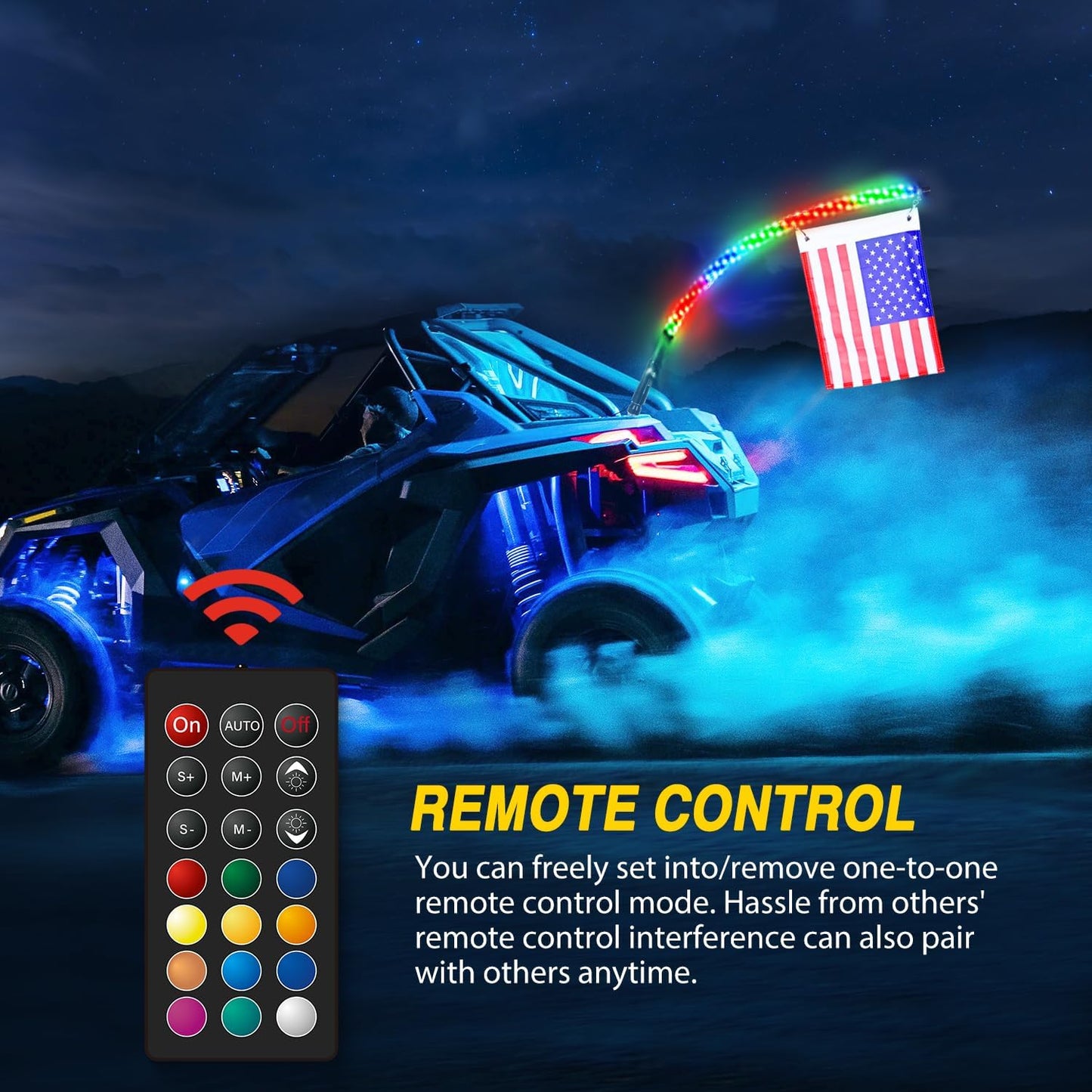 Waywe 2 PCS 6FT LED Whip Light Spiral RGB Chasing RF Remote Durable Lighted Antenna Whips w/ Rocker Switch for UTV ATV Truck Sand Rail Buggy Dune RZR Can-am