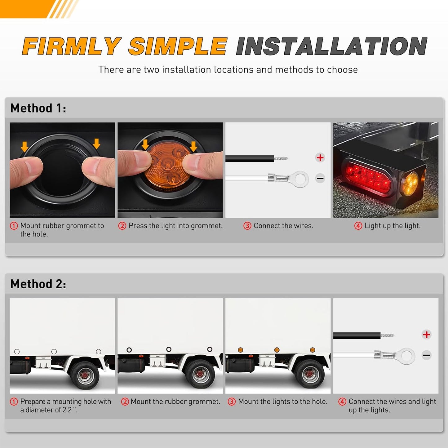 Waywe 2 Inch Round Side Marker Light 10PCS Red Amber 4LED Front Rear Clearance Indicator Lights Flush Mount with Plug Grommet Pigtail Hardwired for Truck Camper RV Boat