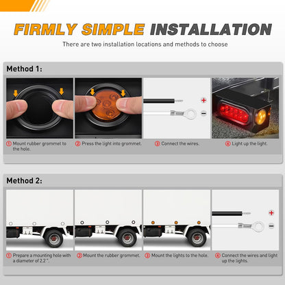 Waywe 2 Inch Round Side Marker Light 10PCS Red Amber 4LED Front Rear Clearance Indicator Lights Flush Mount with Plug Grommet Pigtail Hardwired for Truck Camper RV Boat