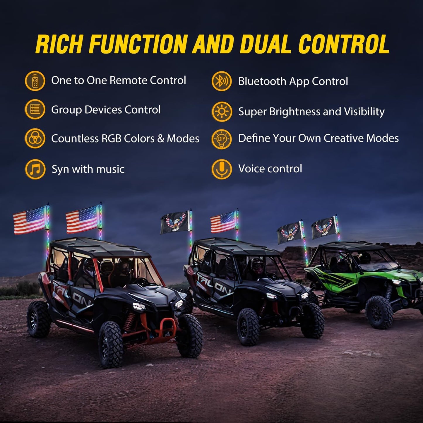 Waywe 2 PCS 3FT LED Whip Light Spiral RGB Chasing Bluetooth App RF Remote Control Stop Turn Reverse Light Antenna Whips for UTV ATV Truck Buggy Dune RZR Can-am