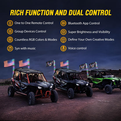 Waywe 2 PCS 3FT LED Whip Light Spiral RGB Chasing Bluetooth App RF Remote Control Stop Turn Reverse Light Antenna Whips for UTV ATV Truck Buggy Dune RZR Can-am