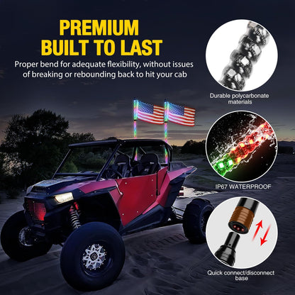 Waywe 2 PCS 5FT LED Whip Light with Spring Base Bluetooth App RF Remote Control Stop Turn Reverse Lights Antenna Whips for UTV ATV Truck Buggy Dune RZR Can-am