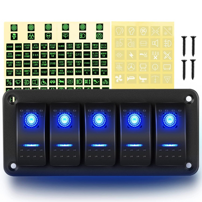 Waywe 5 Gang Aluminum Rocker Switch Panel Blue