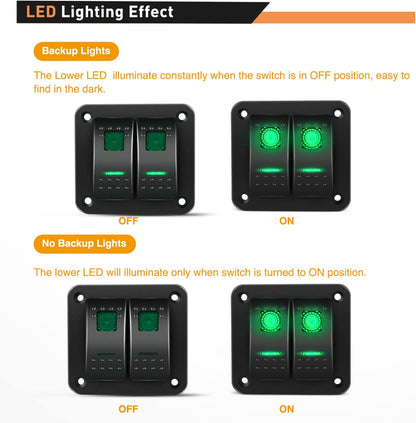Waywe 2 Gang Rocker Switch Panel 12V 24V DC Green Switches Aluminum Panel 5Pin ON Off PreWired Toggle Switch Panel Waterproof for Cars Boats ATVs UTVs
