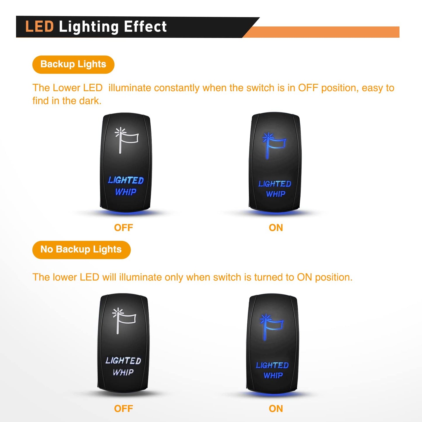 Waywe Lighted Whip Rocker Switch Led Light Bar 5Pin Laser On Off SPST switches 20A 12V 10A 24V Blue with Jumper Wires Set for Cars Trucks RVs