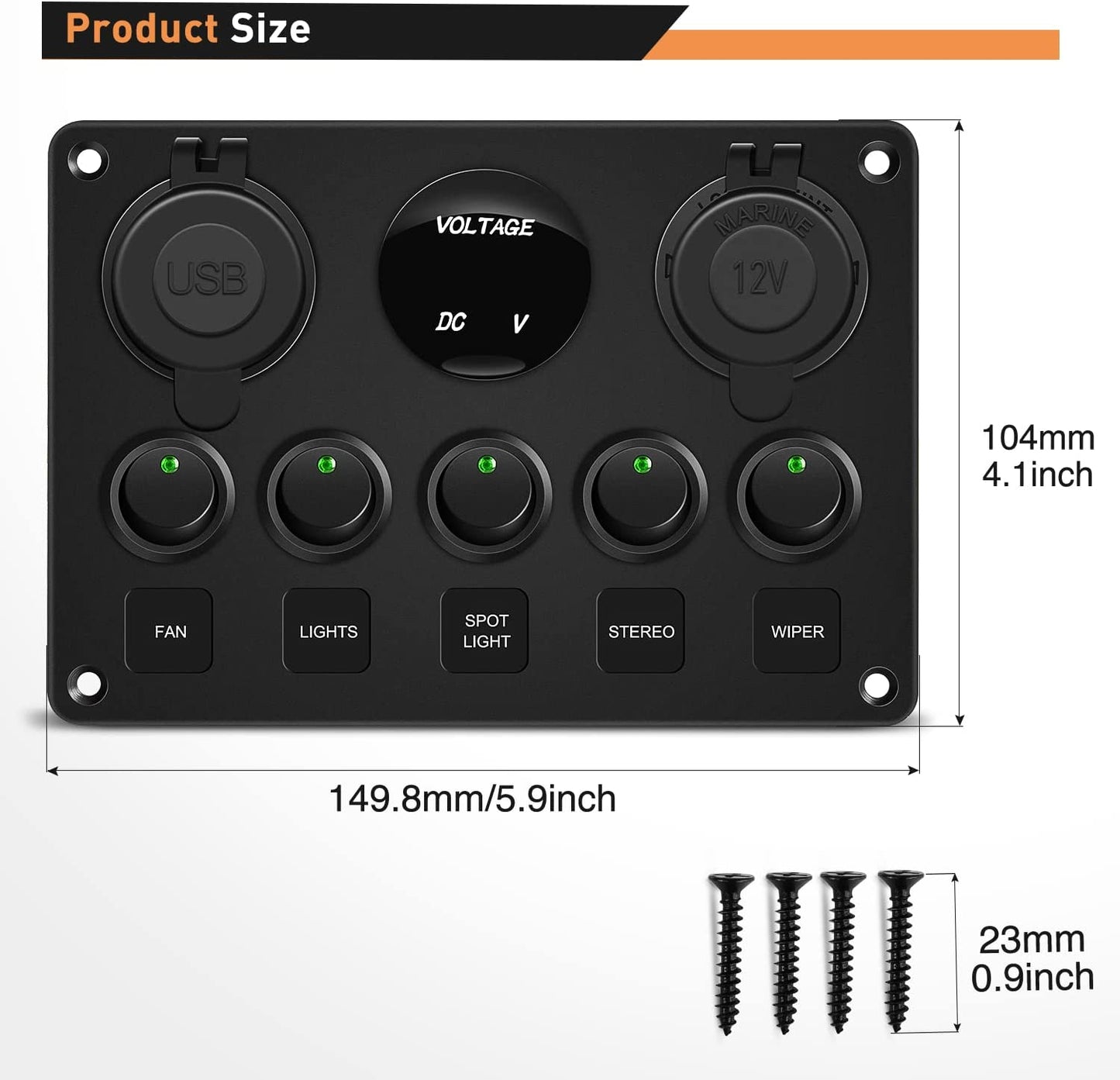 Waywe Multi-Function 5 Gang Rocker Switch Dual USB Charger Digital Volmeter 12V Outlet Pre-Wired Switch Panel Green with Circuit Breakers for RV Car Boat Truck Trailer