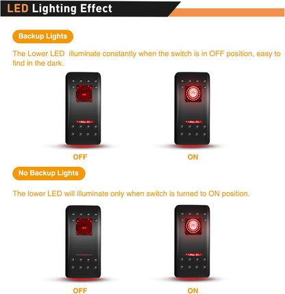 Waywe 6 Pack Rocker Switches with Night Glow Stickers 5 PIN SPST Red Backlit 12V 24V Toggle Switch for Cars Trucks RVs Boats Auto Motorcycles