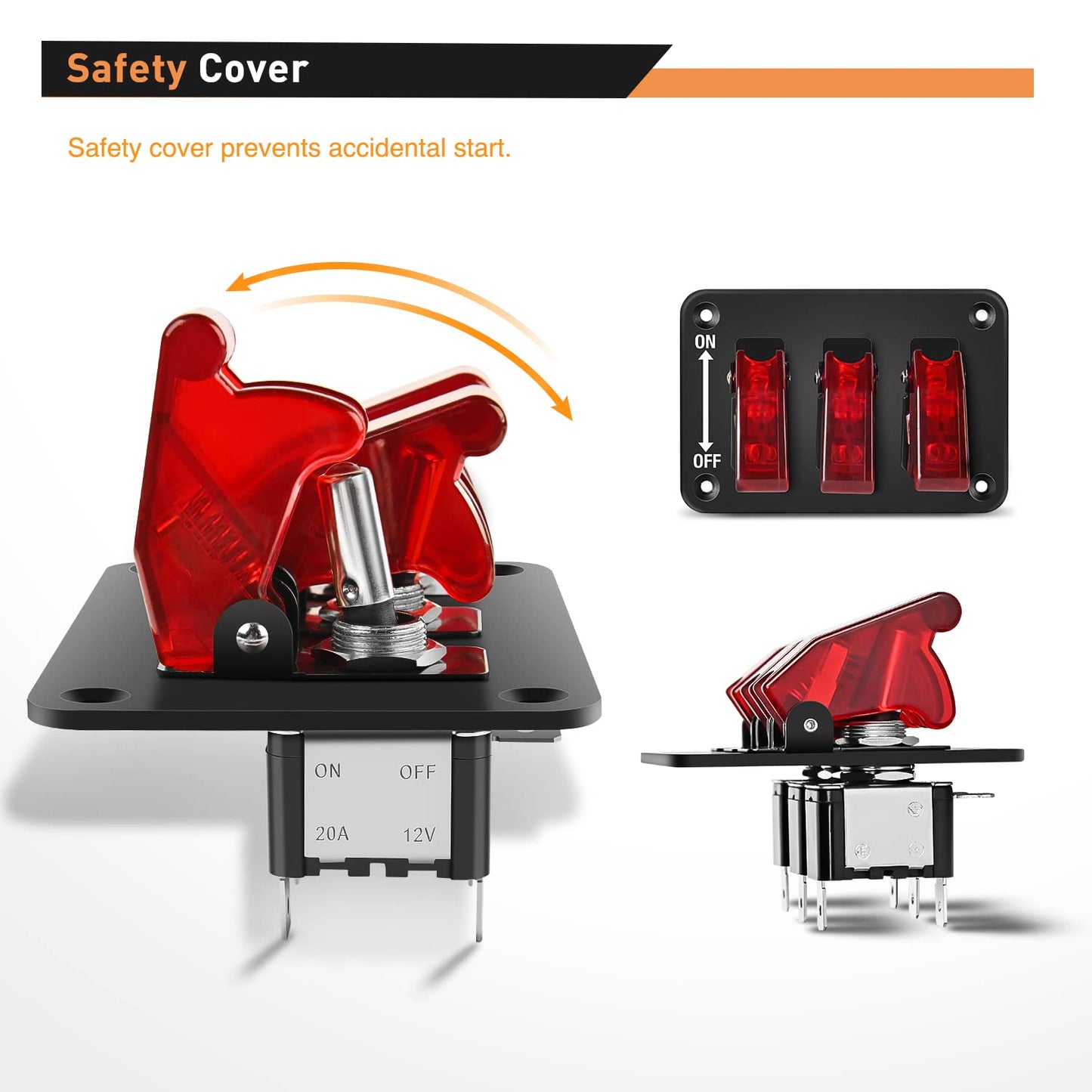 Waywe 3 Gang Toggle Switch 12V Rocker Switch Panel with LED Light and Flip Cover Heavy-Duty ON Off Switch Plate 3 Pin SPST Rocker Switch