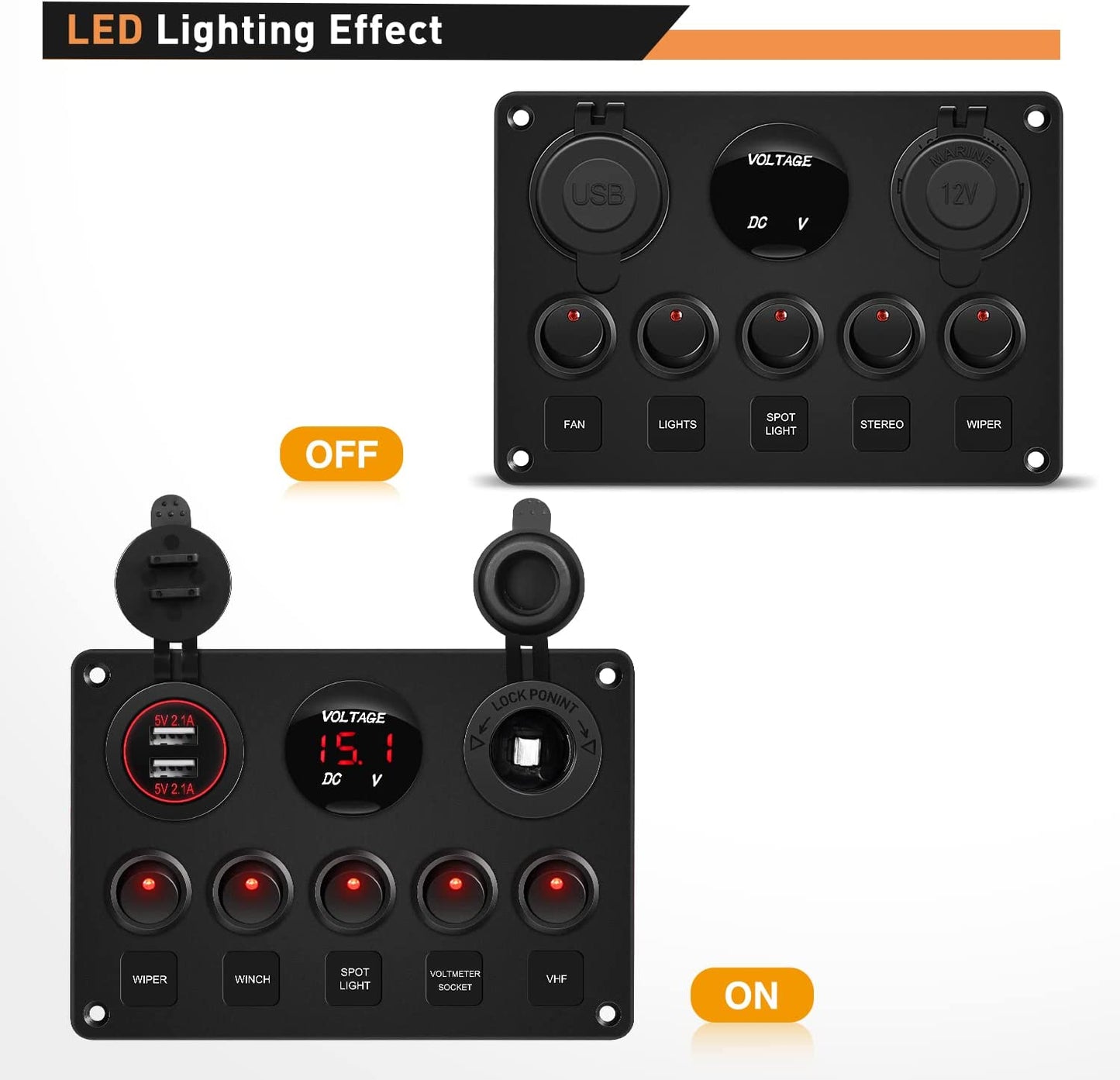 Waywe Multi-Function 5 Gang Rocker Switch Dual USB Charger Digital Volmeter 12V Outlet Pre-Wired Switch Panel Red with Circuit Breakers for RV Car Boat Truck Trailer