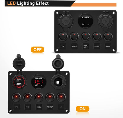 Waywe Multi-Function 5 Gang Rocker Switch Dual USB Charger Digital Volmeter 12V Outlet Pre-Wired Switch Panel Red with Circuit Breakers for RV Car Boat Truck Trailer