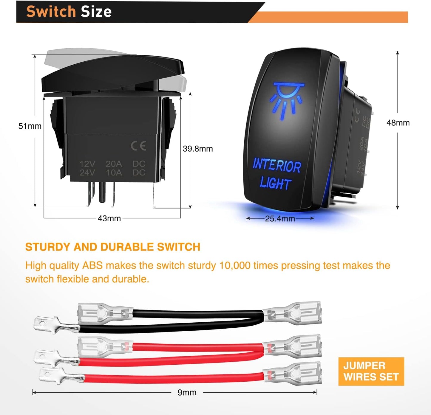 Waywe Interior Light Rocker Switch LED Bar 5Pin Laser On Off 20A 12V 10A 24V Jumper Wires Set for Jeep Boat Trucks