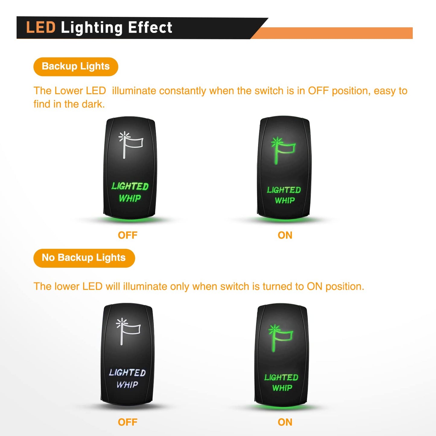 Waywe Lighted Whip Rocker Switch Led Light Bar 5Pin Laser On Off SPST switches 20A 12V 10A 24V Green with Jumper Wires Set for Cars Trucks RVs