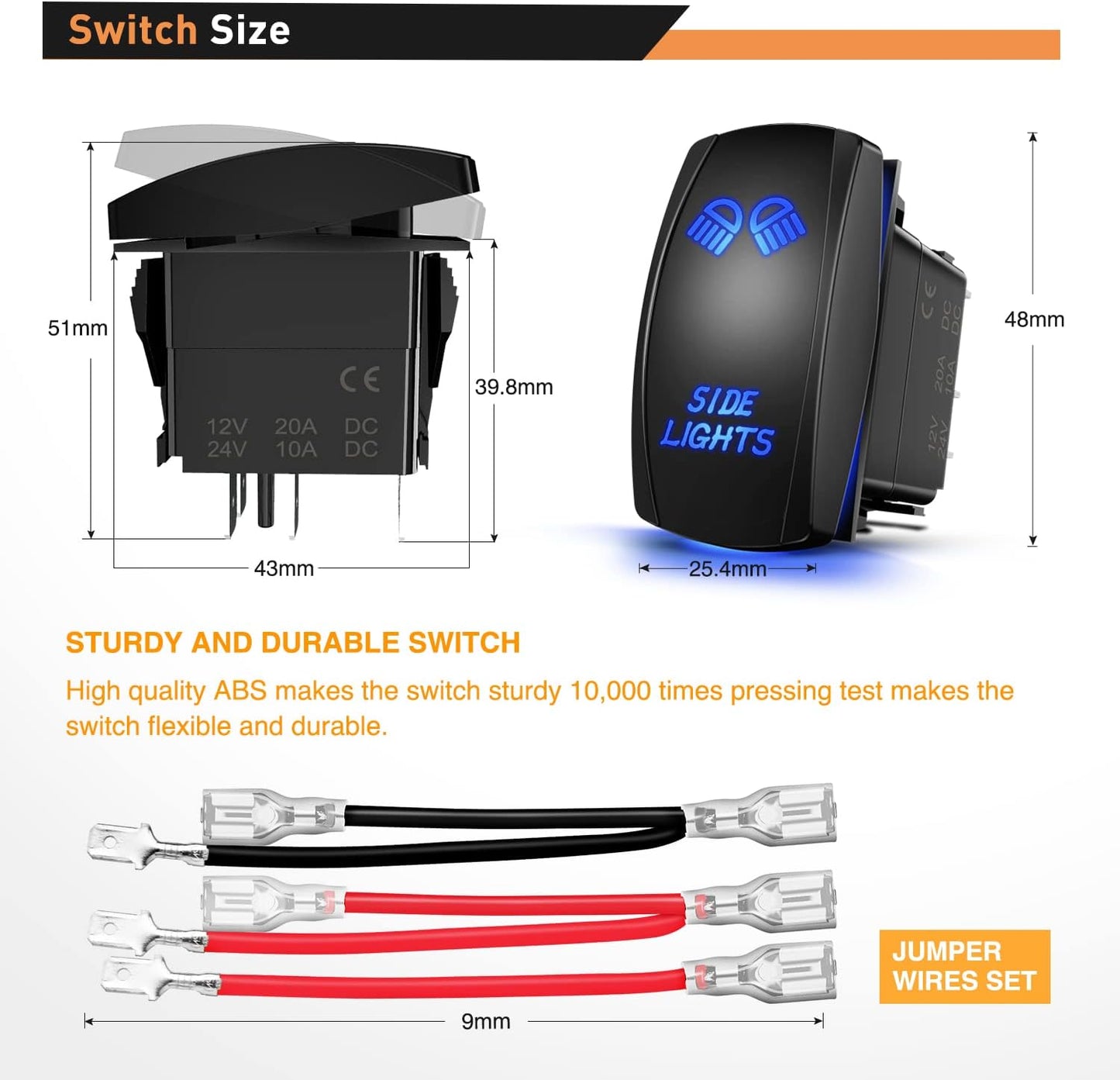 Waywe Side Lights Rocker Switch Led Light Bar 5Pin Laser On Off SPST switches 20A 12V 10A 24V Blue with Jumper Wires Set for Cars Trucks RVs