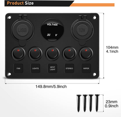 Waywe Multi-Function 5 Gang Rocker Switch Dual USB Charger Digital Volmeter 12V Outlet Pre-Wired Switch Panel Red with Circuit Breakers for RV Car Boat Truck Trailer