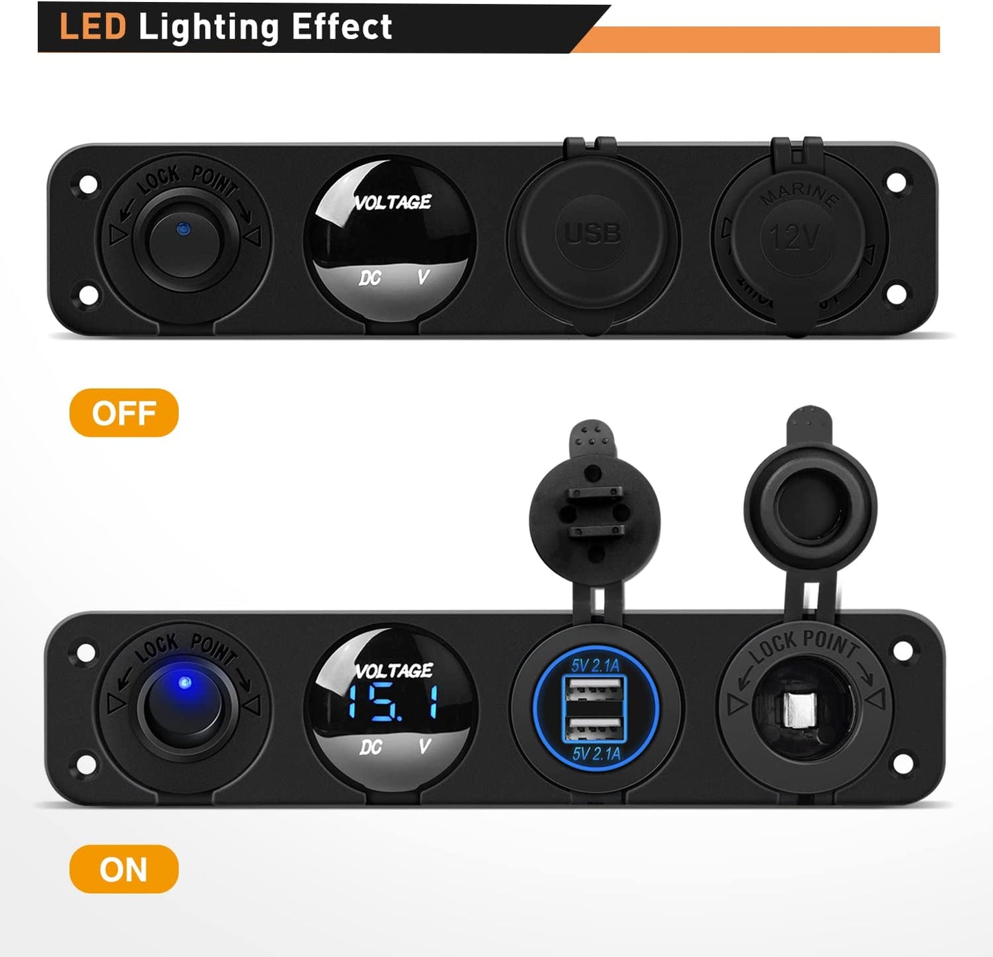 Waywe 4 in 1 ON Off Charger Socket Panel Dual USB Power Outlet LED Voltmeter Cigarette Lighter Lighted Rocker Toggle Switches for Truck Car Marine Boats RV, Blue