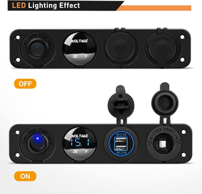 Waywe 4 in 1 ON Off Charger Socket Panel Dual USB Power Outlet LED Voltmeter Cigarette Lighter Lighted Rocker Toggle Switches for Truck Car Marine Boats RV, Blue