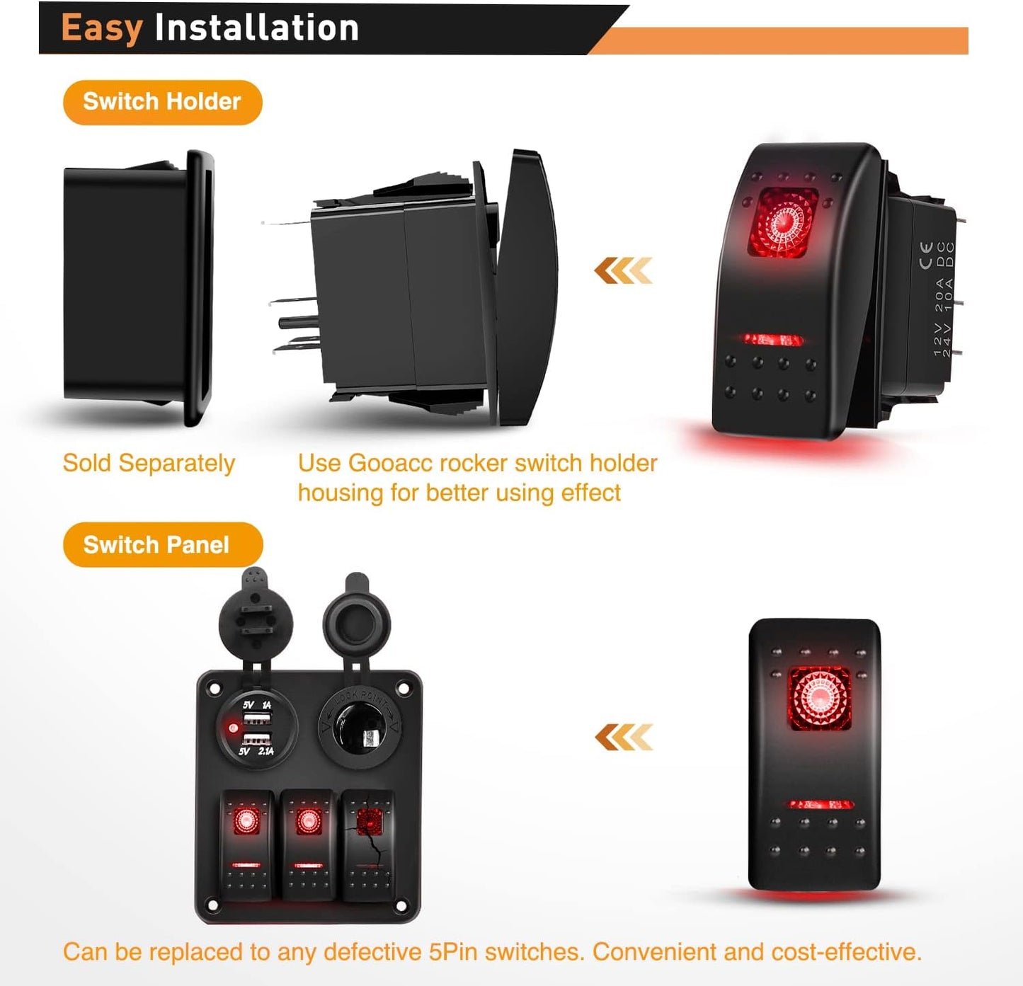 Waywe 6 Pack Rocker Switches with Night Glow Stickers 5 PIN SPST Red Backlit 12V 24V Toggle Switch for Cars Trucks RVs Boats Auto Motorcycles