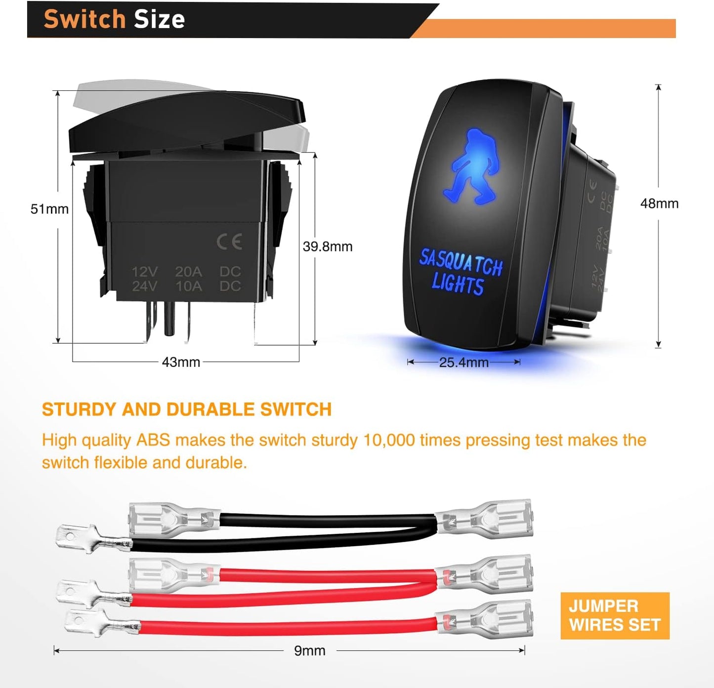 Waywe Sasquatch Lights Rocker Switch 5Pin Laser On Off LED Light 20A 12V 10A 24V Switch Jumper Wires Set for Jeep Boat Trucks