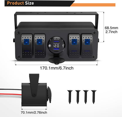 Waywe 4 Gang Rocker Switch Box 12V SPST ON Off QC 3.0 USB Charger Voltmeter Waterproof Aluminum Panel for Boats Cars RVs Trucks