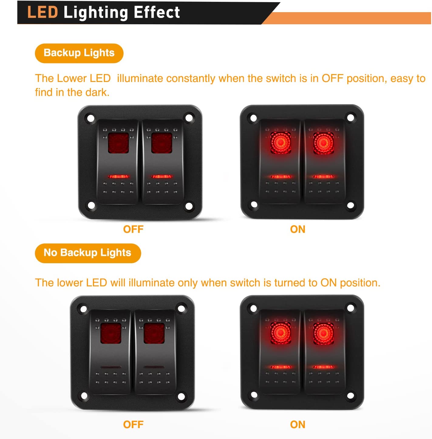 Waywe 2 Gang Rocker Switch Panel 12V 24V DC Red Switches Aluminum Panel 5Pin ON Off PreWired Toggle Switch Panel Waterproof for Cars Boats ATVs UTVs